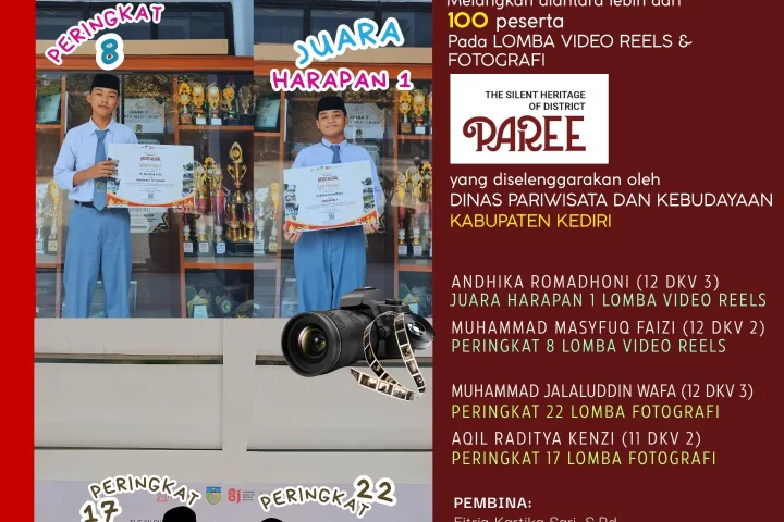 Poster prestasi siswa DKV SMK Queen Al-Falah pada lomba video reels dan fotografi The Silent Heritage of District Paree.