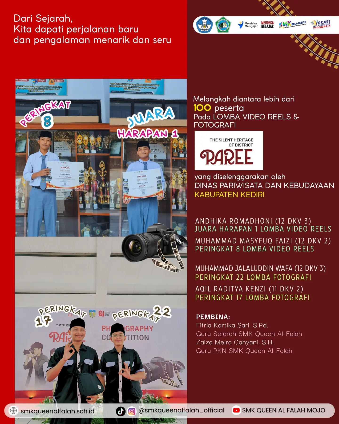 Poster prestasi siswa DKV SMK Queen Al-Falah pada lomba video reels dan fotografi The Silent Heritage of District Paree.