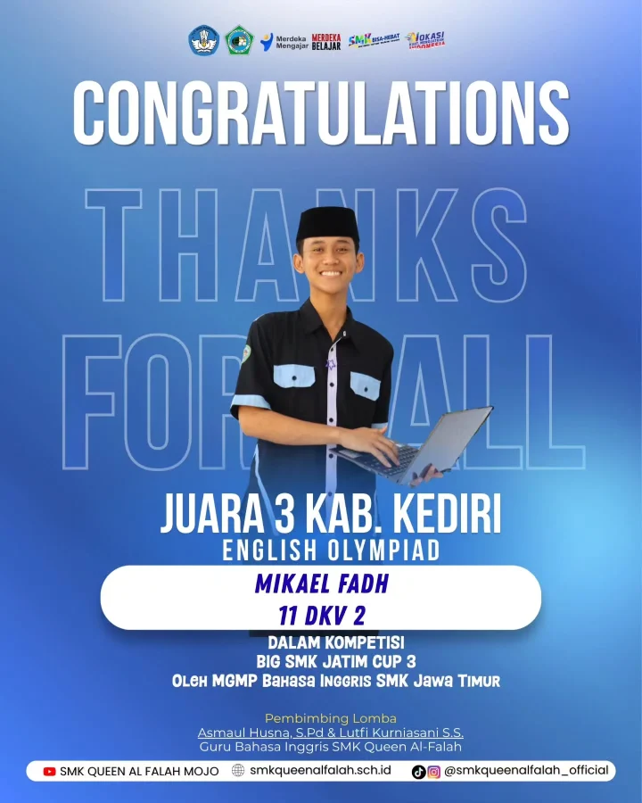 Mikael Fadh dari XI DKV 2 meraih Juara 3 English Olympiad Kabupaten Kediri pada BSJC 3 2026.