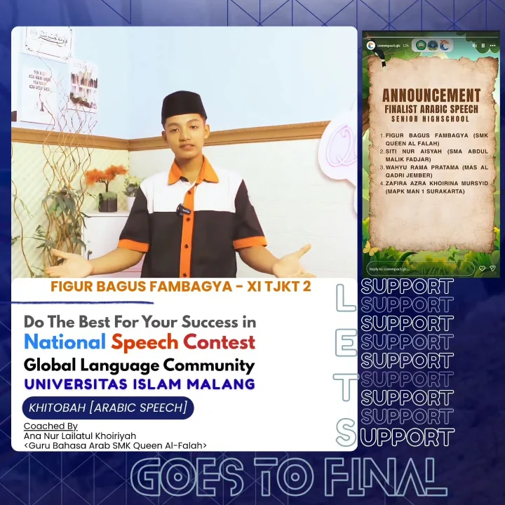 Figur Bagus Fambagya dari XI TJKT 2 menjadi finalis National Speech Contest Bahasa Arab di UNISMA.