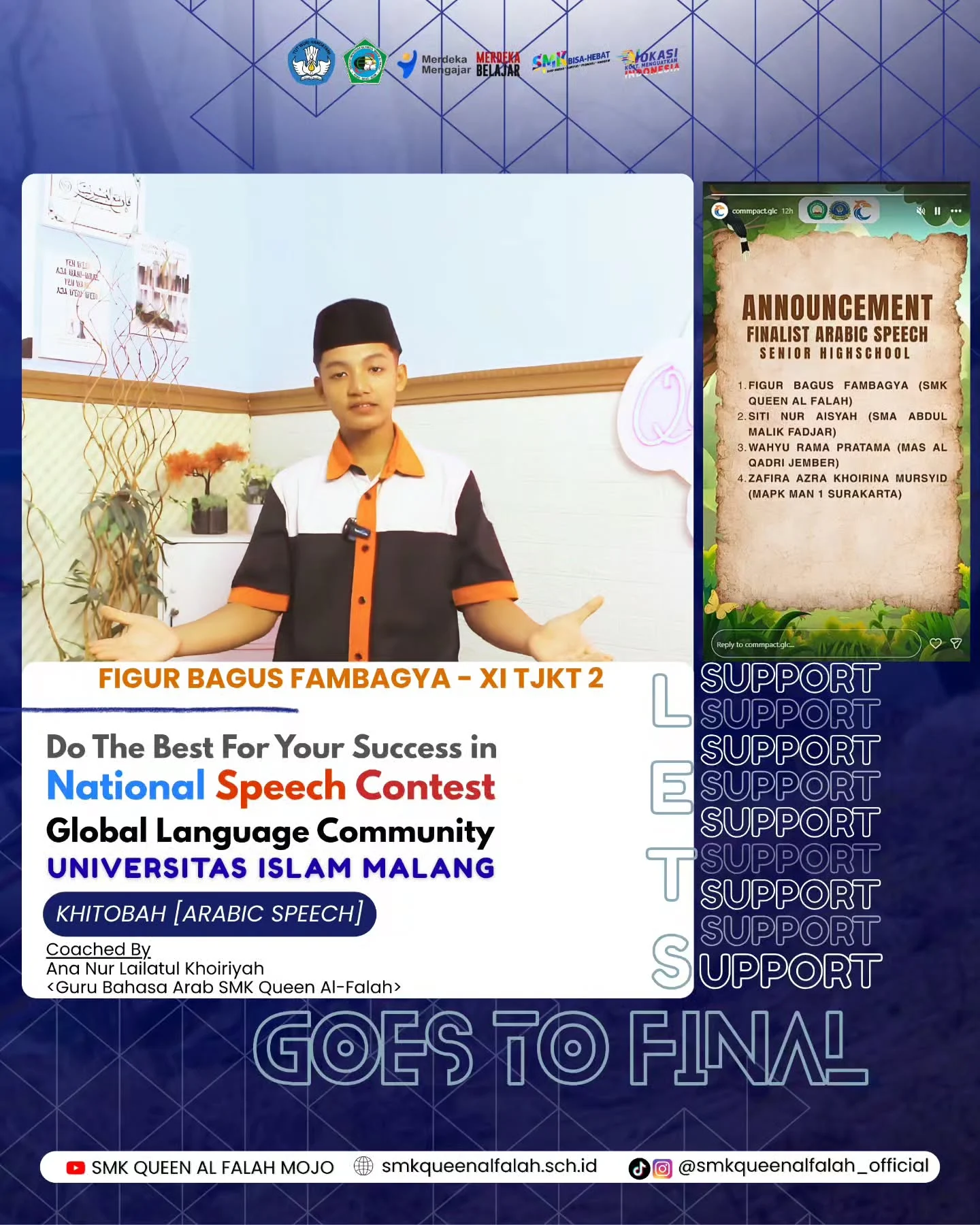 Figur Bagus Fambagya dari XI TJKT 2 menjadi finalis National Speech Contest Bahasa Arab di UNISMA.